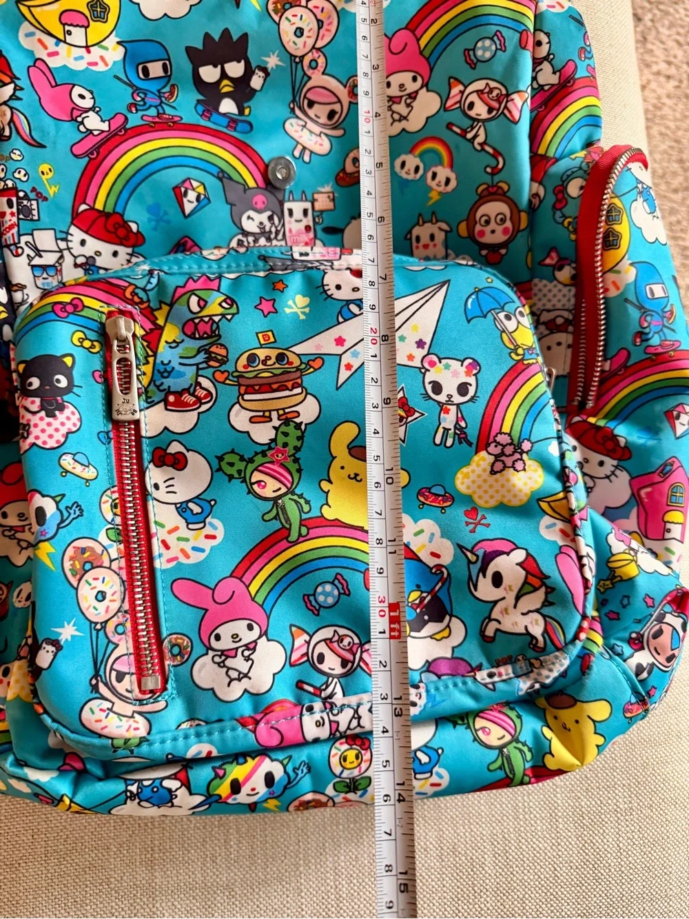 tokidoki x Hello Sanrio for JujuBe Baby Backpack - Bright Blue Rainbow Print
